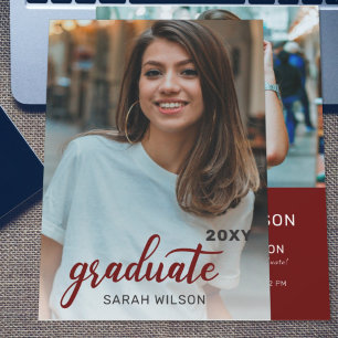 Red Modern Script Graduate Two Photos Drive By Inv Invitation