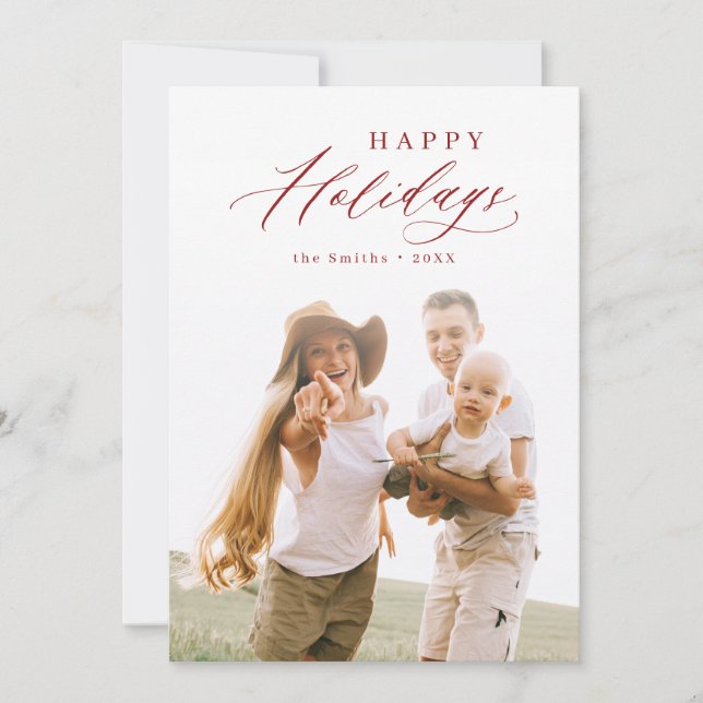 Red Modern Script Happy Holidays Family Photo Holiday Card (Front)