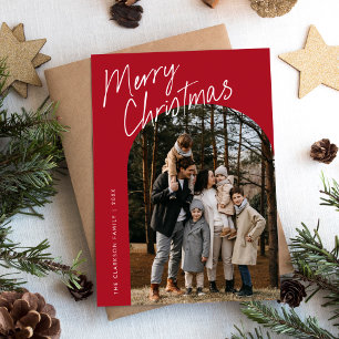 Red Modern Script Merry Christmas Arch 2 Photo Holiday Card