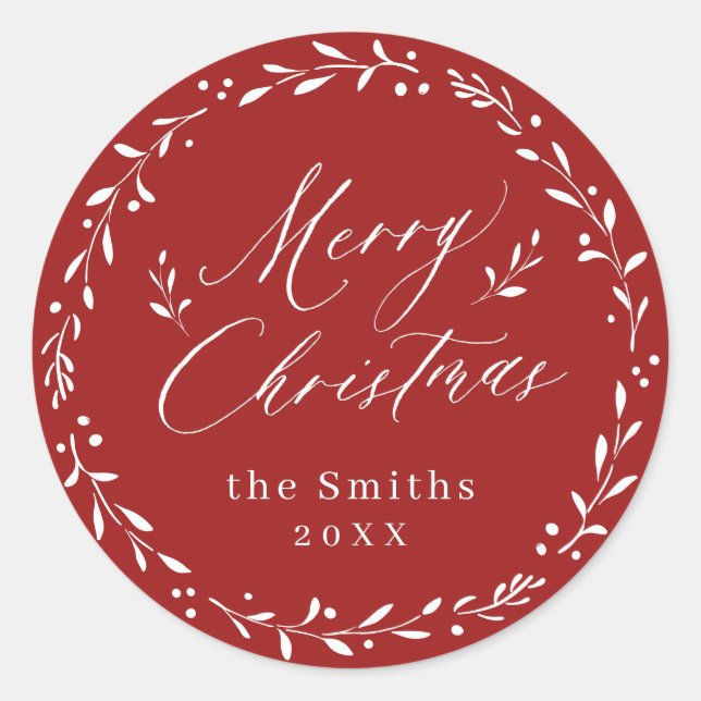 Red Modern script Merry Christmas holiday gift Classic Round Sticker (Front)