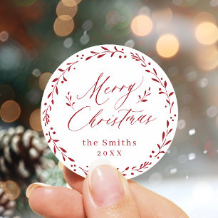 Red Modern script Merry Christmas Holiday Gift Classic Round Sticker