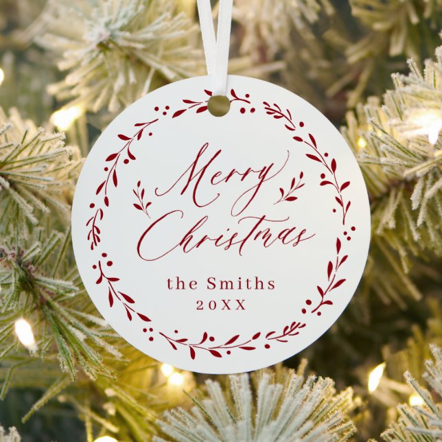 Red Modern script Merry Christmas Holiday Metal Tree Decoration (Insitu)