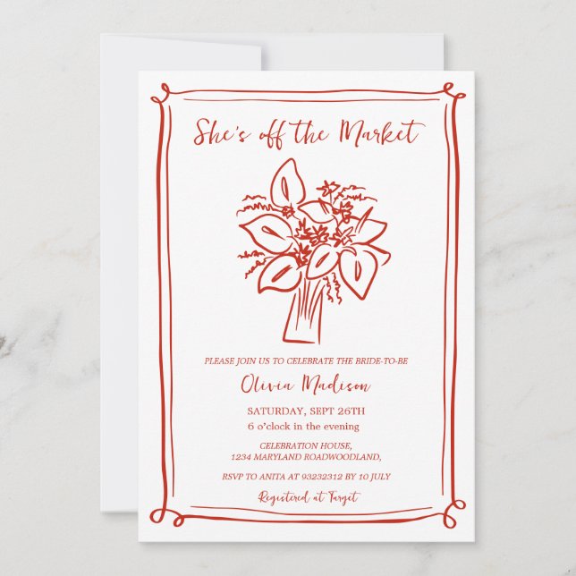 Red Modern She's off the Market Bridal Shower  Invitation (Front)