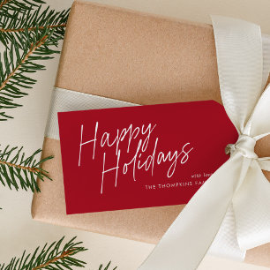 Red Modern Simple Script Happy Holidays Gift Tags