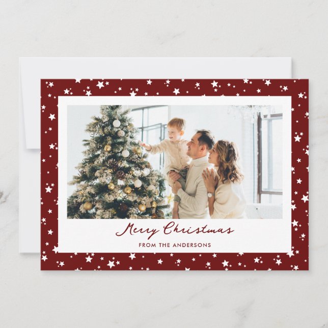 Red Modern Stars Photo Merry Christmas Holiday Card (Front)