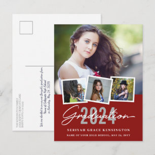 Red Modern Stylish Any Year Graduation 4 Photo Postcard