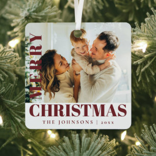 Red Modern Stylish Merry Christmas Family Photo Metal Tree Decoration