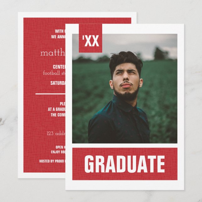 Red Modern Textured Photo Graduation Invitation (Front/Back)