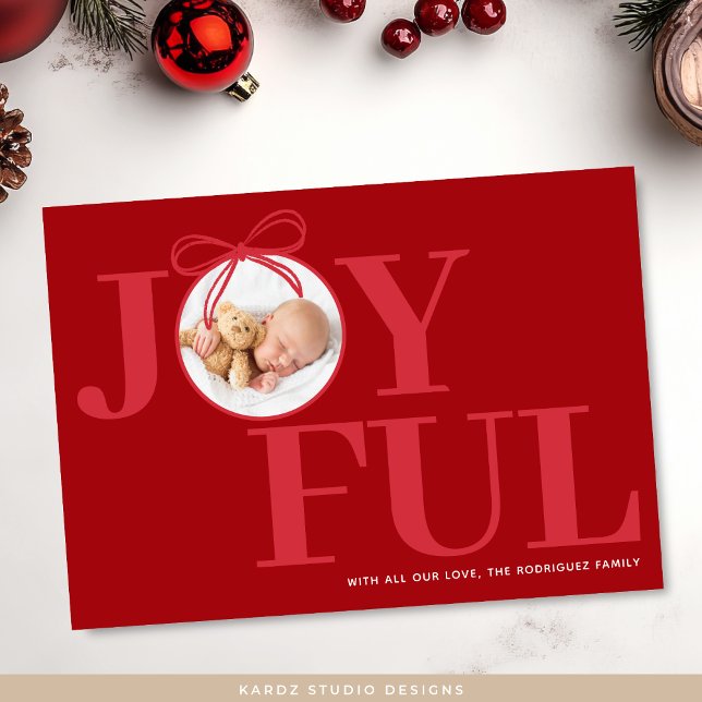 Red Modern Typography Baby Photo Christmas Holiday Card (Card shown in 5 x 7 inches. Personalize and choose corner style and paper.)