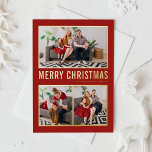 Red Modern Typography Christmas Three Photo Foil Holiday Card<br><div class="desc">Merry Christmas! Send Christmas greetings to family and friends with this customisable gold foil Christmas photo card. It features simple typography and a Christmas tree. The texts are fully customisable for any greetings. This modern Christmas card is available in other foil colours.</div>