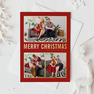 Red Modern Typography Christmas Three Photo Foil Holiday Card