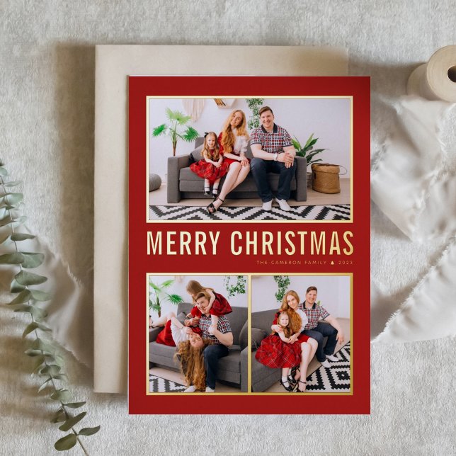 Red Modern Typography Christmas Three Photo Foil Holiday Card (Creator Uploaded)