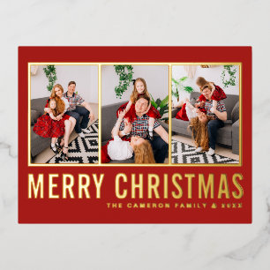 Red Modern Typography Photo Collage Christmas Foil Holiday Postcard