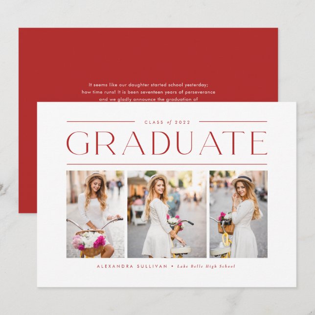 Red Modern Typography Three Photo Graduation Announcement (Front/Back)