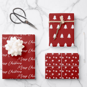 Red & Modern White Christmas Tree  Wrapping Paper Sheet