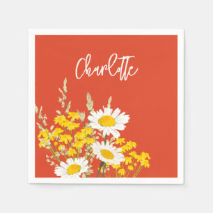 Red Modern Wildflowers Custom Monogram Napkin