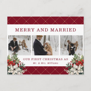 Red Modern Winter Botanicals Photo Newlywed Holiday Postcard