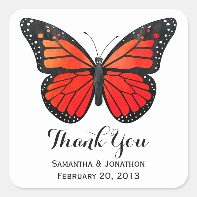 Red Monarch Butterfly Wedding Thank You Square Sticker (Front)