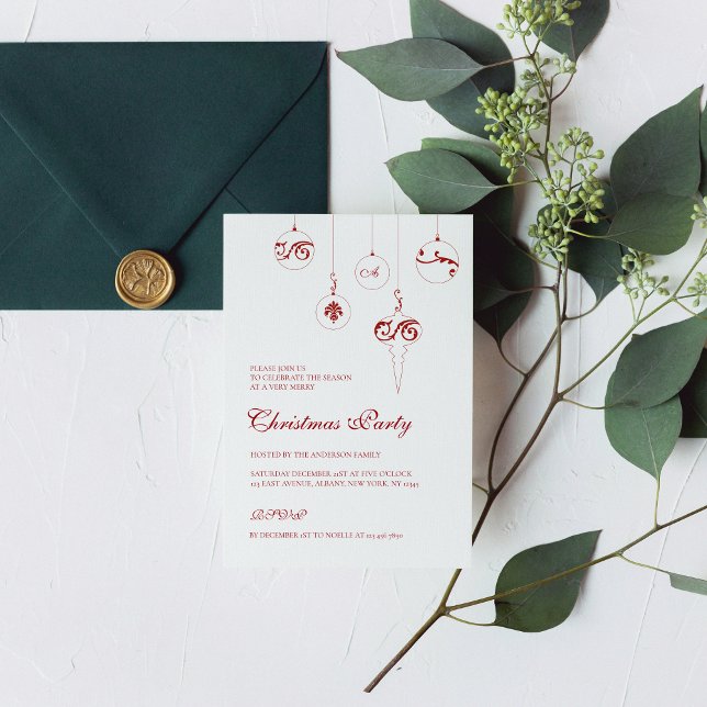  Red Monogram Bauble Ornaments Christmas Party Invitation (Creator Uploaded)
