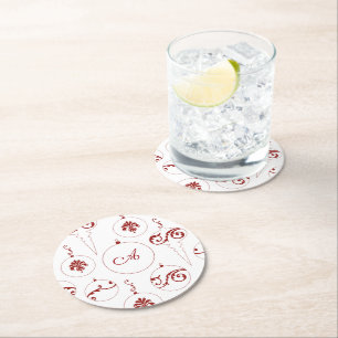 Red Monogram Bauble Ornaments Pattern Christmas Round Paper Coaster