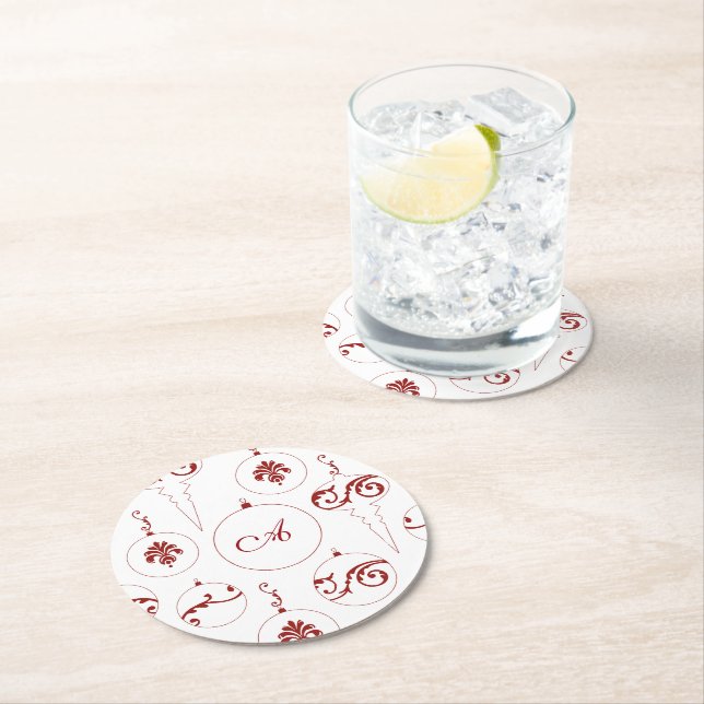 Red Monogram Bauble Ornaments Pattern Christmas Round Paper Coaster (Insitu)