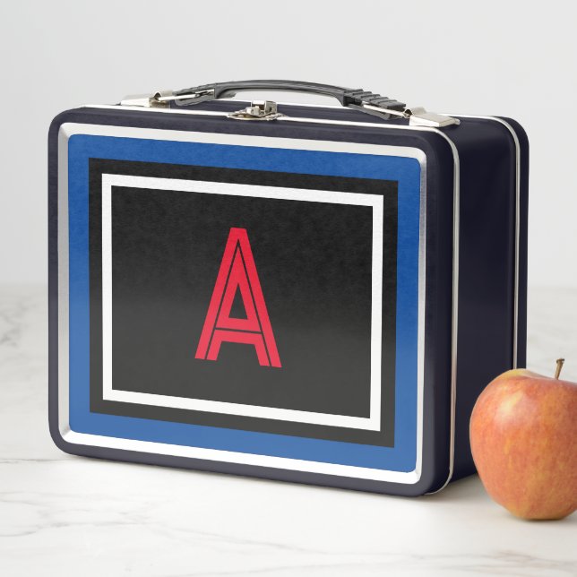 Red Monogram Black Blue White Polka Dots Metal Lunch Box (In Situ)
