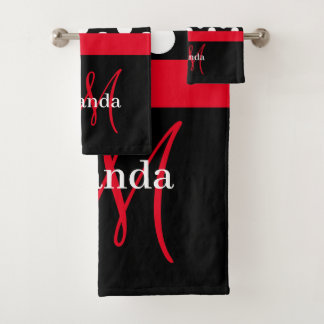 Red Monogram Black White Polka Dot Bath Towel Set
