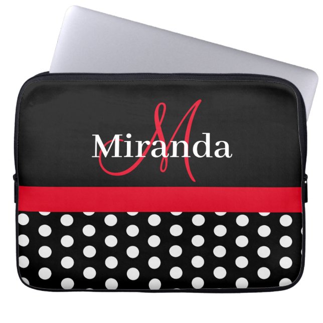Red Monogram Black White Polka Dot Laptop Sleeve (Front)