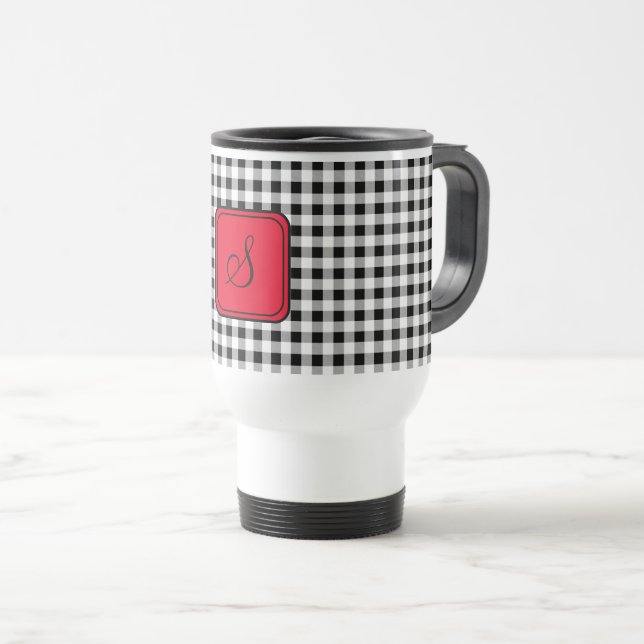 Red Monogram, Buffalo Check Stainless Steel Travel Mug (Front Right)