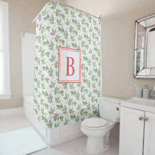 Red Monogram   Christmas Holly Berries Leaves Show Shower Curtain