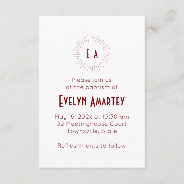 Red Monogram Circle Baptism Invitation (Front)