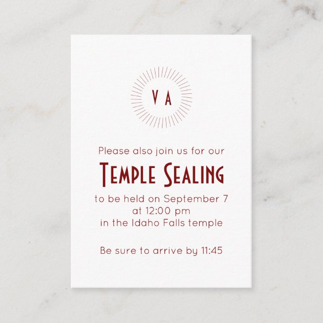 Red Monogram Circle Temple Sealing Invitation (Front)