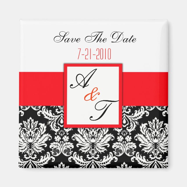 Red Monogram Damask Wedding Magnet (Front)