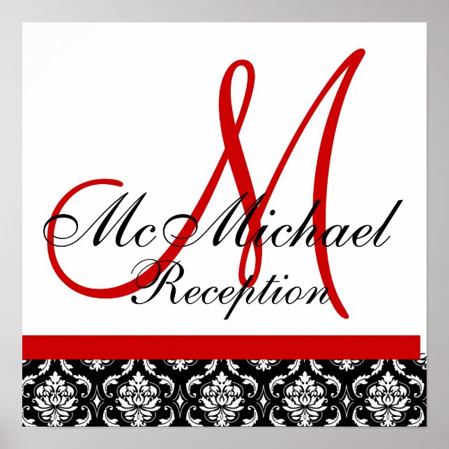 Red Monogram Damask Wedding Reception Poster (Front)