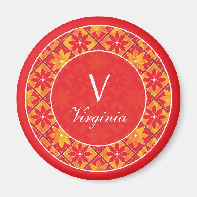 Red Monogram Decorative Floral Tiles Magnet (Front)