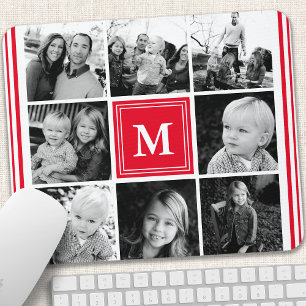 Red Monogram Family Photo Collage Mouse Mat