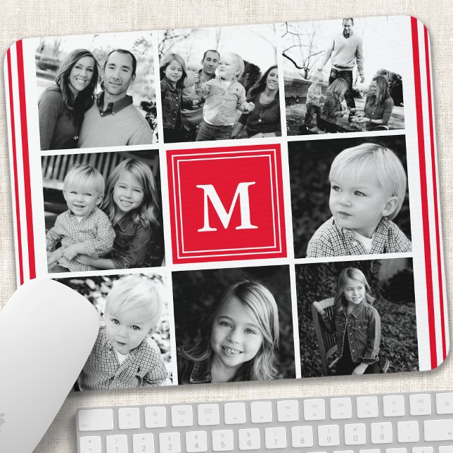 Red Monogram Family Photo Collage Mouse Mat (Creator Uploaded)