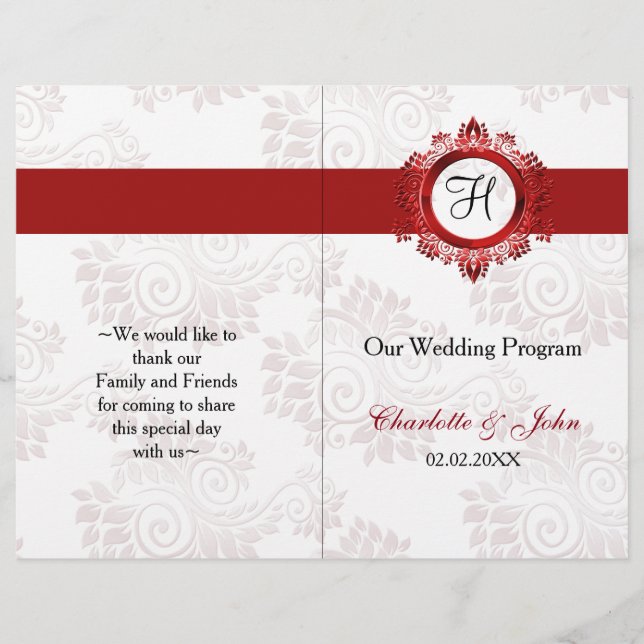 red monogram folded Wedding program (Front)