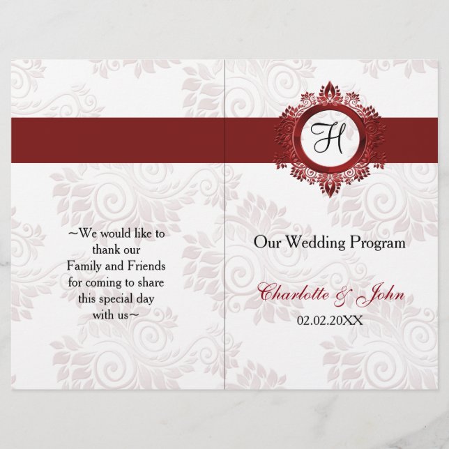 red monogram folded Wedding program (Front)