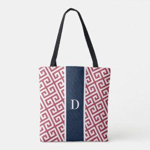 Red Monogram Greek Key  Tote Bag