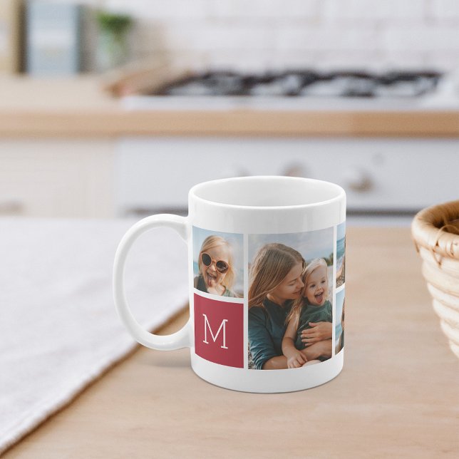Red | Monogram Grid Photo Collage Coffee Mug (Creator Uploaded)