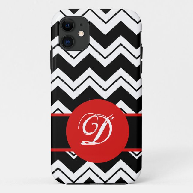 Red Monogram Initial Black  White Chevron ZizZag Case-Mate iPhone Case (Back)