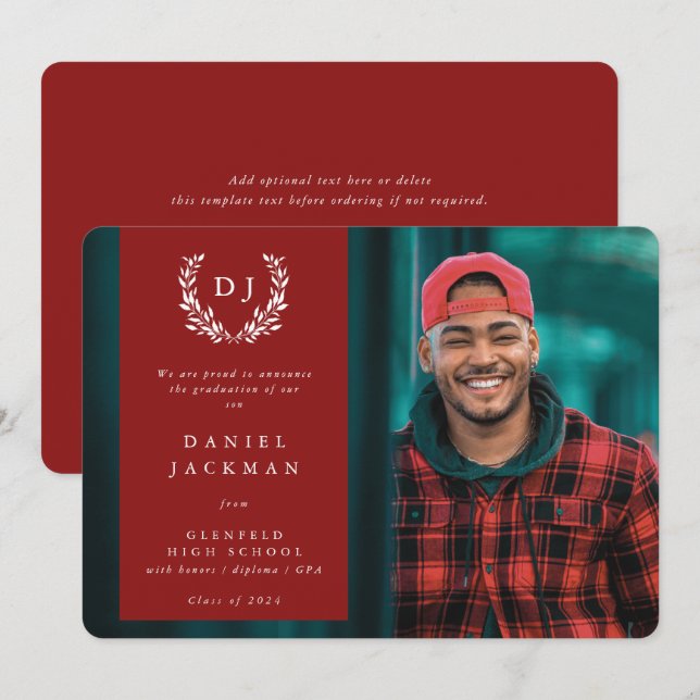 Red Monogram Laurel Wreath Graduation Photo Announcement (Front/Back)