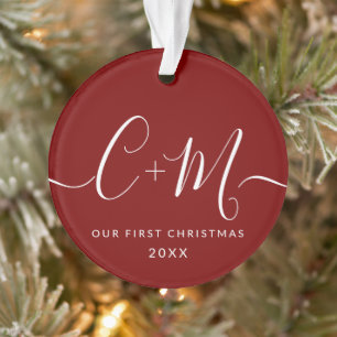 Red Monogram Our First Christmas Custom Photo Ornament