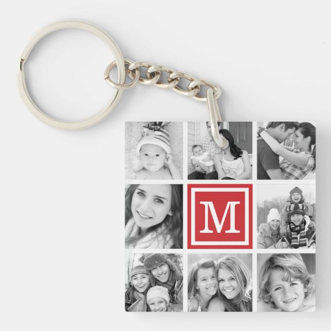 Red Monogram Photo Collage Key Ring (Front)