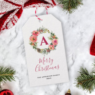 Red Monogram Pink Wreath Greenery Christmas Gift Tags
