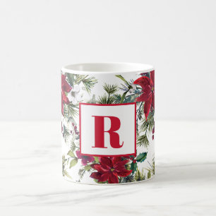 Red Monogram Poinsettia Christmas Coffee Mug