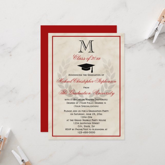 Red Monogram Wreath Classic College Graduation Invitation (Front/Back In Situ)