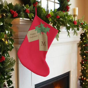 Red Monogrammed Happy Holidays Festive Holly Leaf Large Christmas Stocking