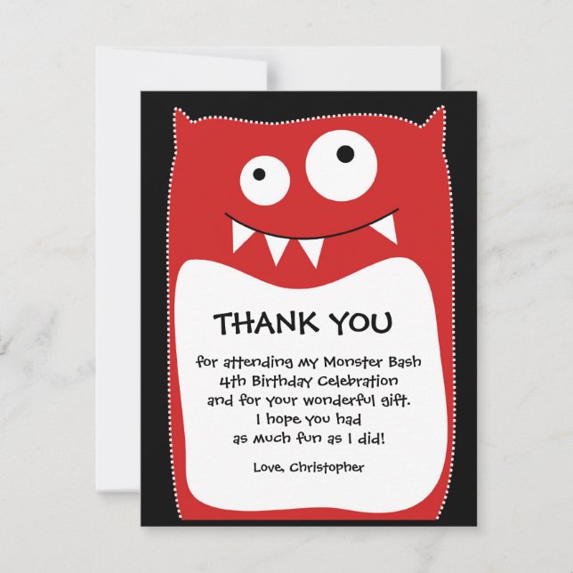 Red Monster Bash Thank You Card (Flat) (Front)